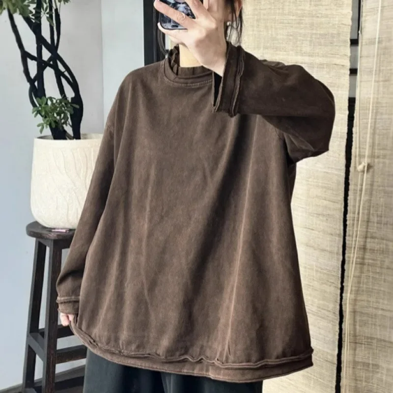 Mass Wasss O넥 용수철 클래식 레저 여성 빈티지 하라주쿠 상의, 느슨한 오버사이즈 티셔츠, 면 럭셔리 의류