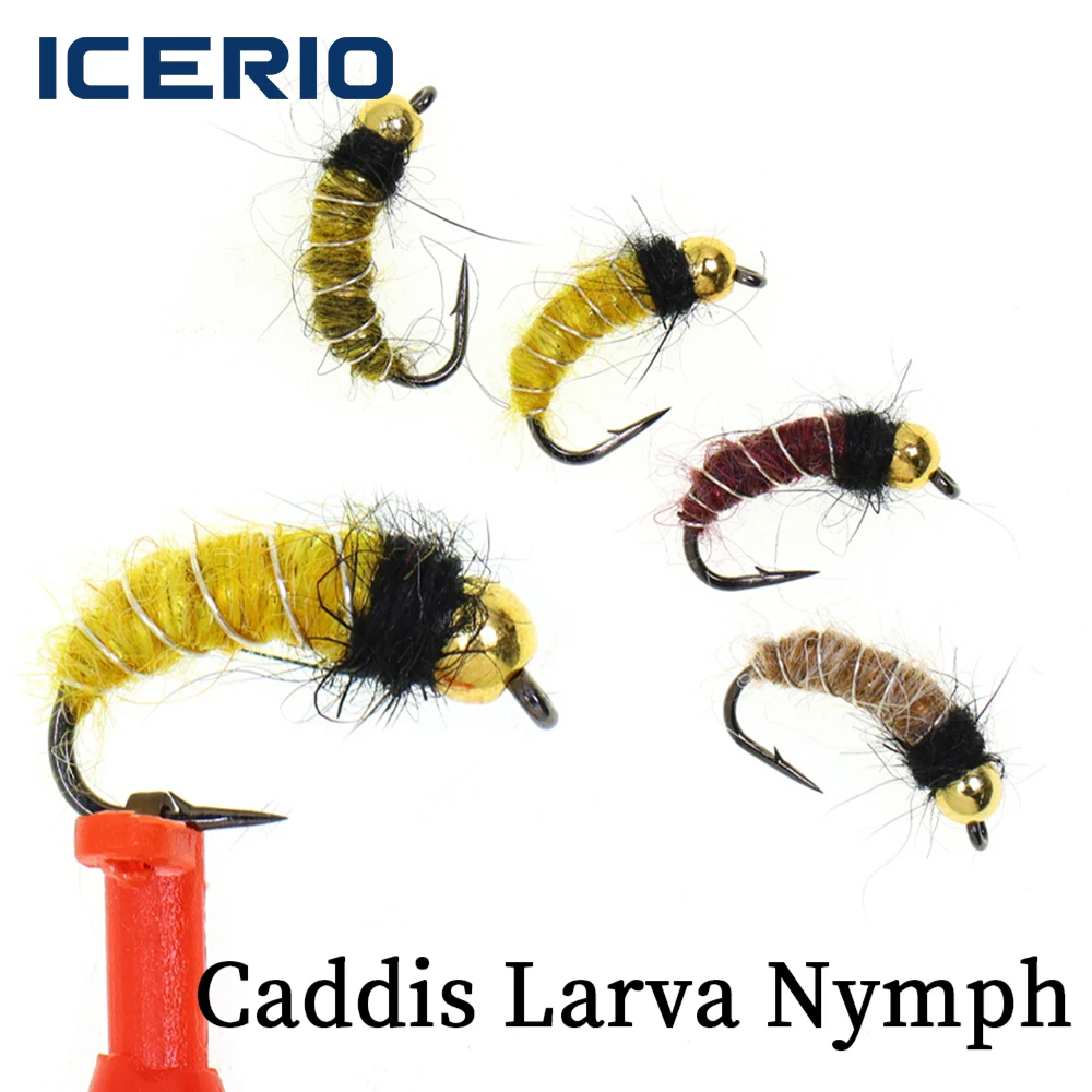 6/8 pièces tête de perle Caddis larve nymphe mouche réaliste Scud Bug ver pour truite Grayling leurres de pêche (crochet barbelé, coulage rapide)
