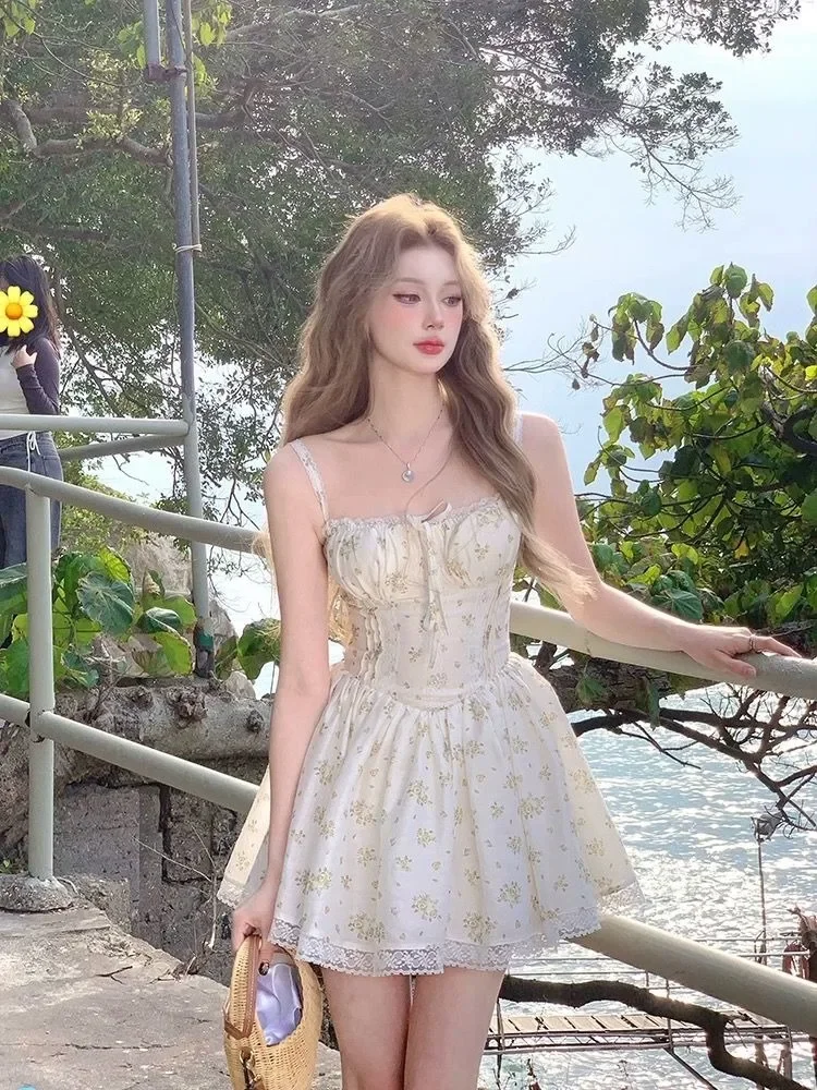 

Holiday Dress Female Floral Sweet Suspender Dresses For Women's 2024 Summer New Clothing Formal Waist Design Short Party Dresses