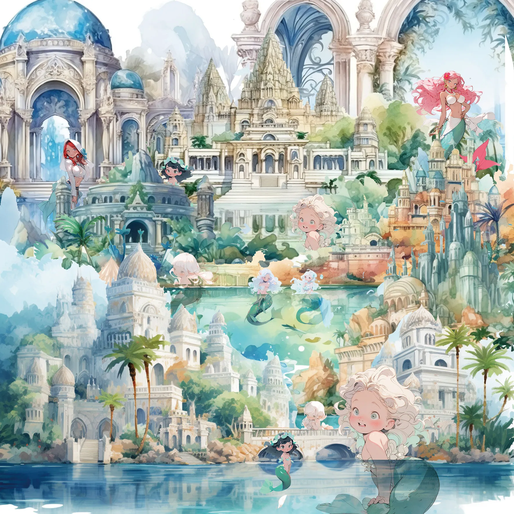 Atlantis Mermaid Landscape Decorative Stickers Tape For Hand Account Journal Scrapbooking DIY Collage Craft