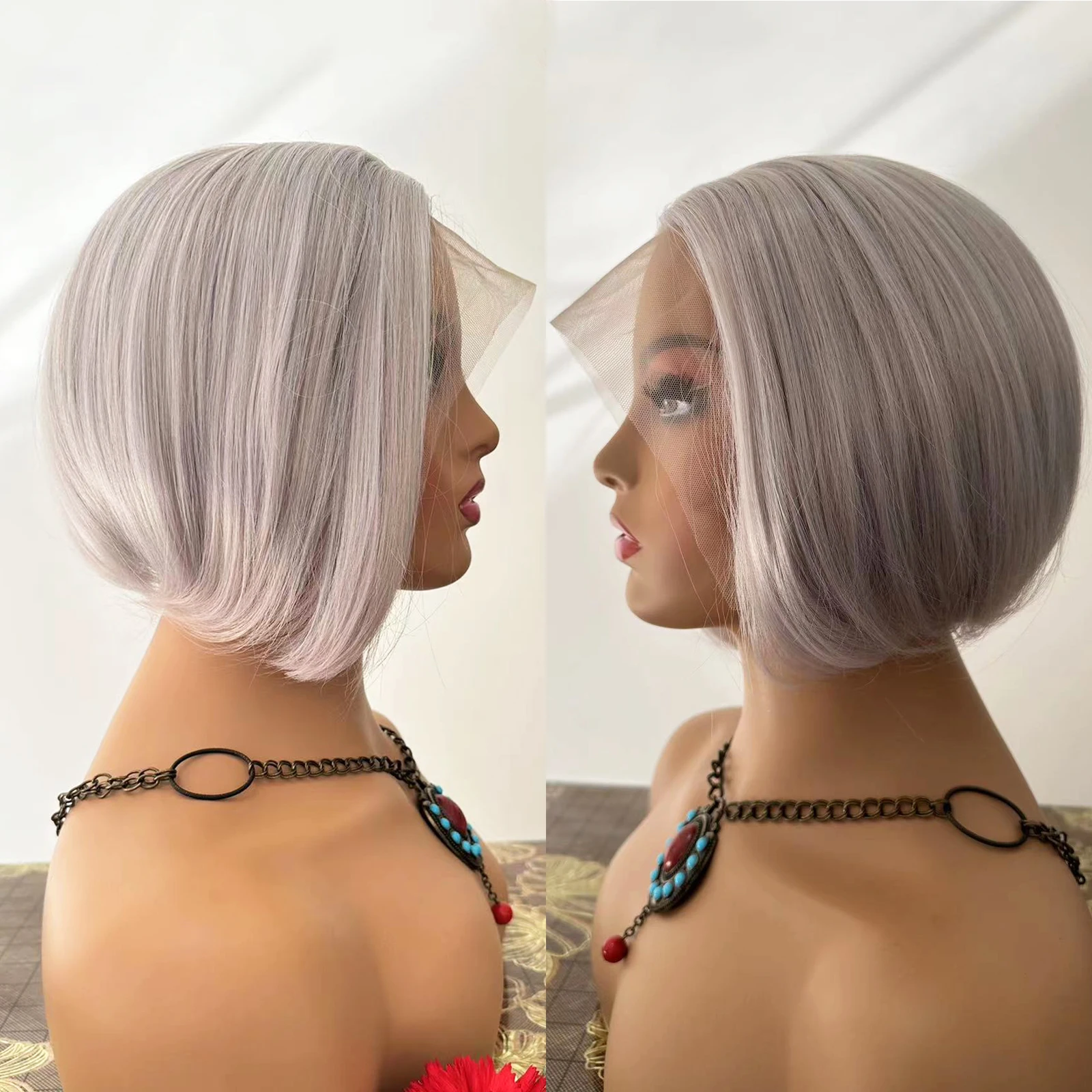 RONGDUOYI Sliver Gray Short Bob Synthetic Lace Front Wig Natural Hairline Heat Fiber Bob Wigs For Women Daily Makeup Use