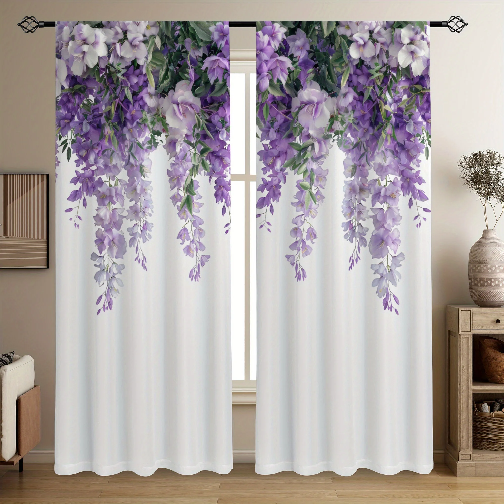 Elegant Purple Wisteria Floral Curtains Panels for Home Decoration Living Room Window Drapes Bedroom Accent Filter