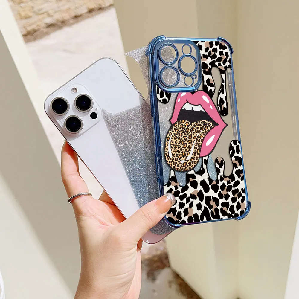Hot Red Lip Leopard Print Phone Case For Xiaomi Redmi Note 14C 13C 13 12C 12 11 10 9s K40 K50 Pro 4G 5G Shockproof Glitter Cover