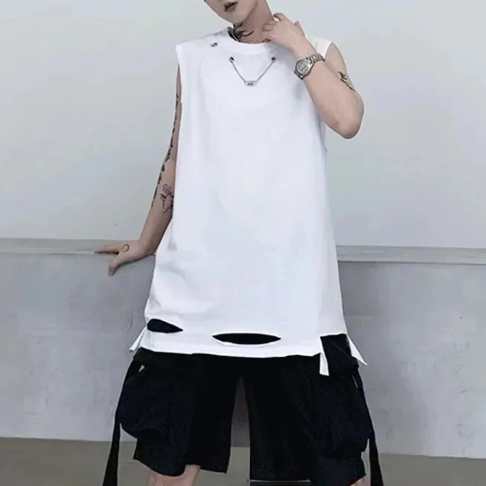 Mens Summer Ripped Metallic Dark Tank Top Streetwear Fashion Nightclub Niche Rock Sleeveless T Shirt Men'S Clothing 2026 New