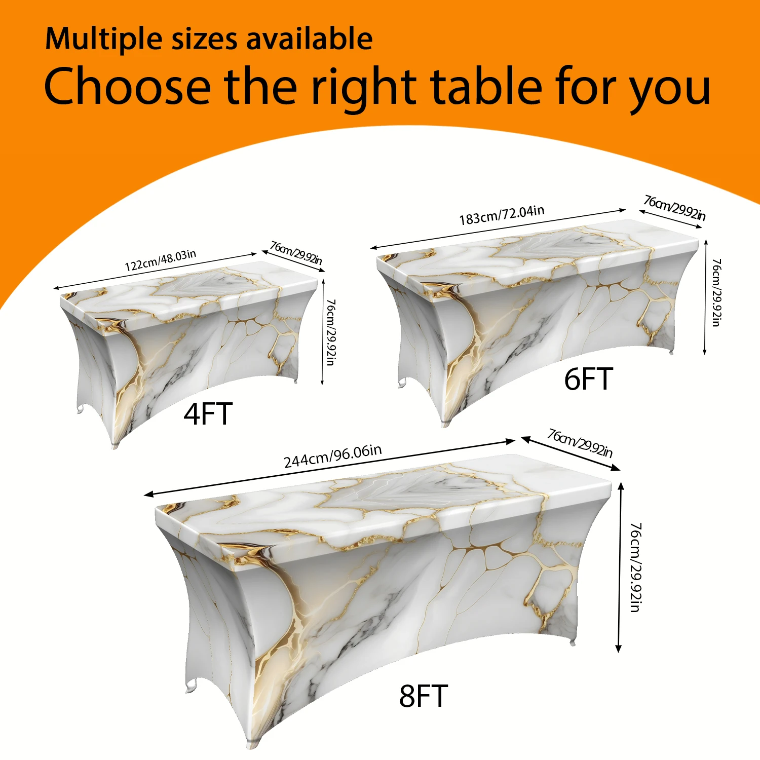 1PC Luxurious White Marble with Gold Veins Elastic Tablecloth, 4/6/8FT Rectangular Summer Outdoor Stretch Table