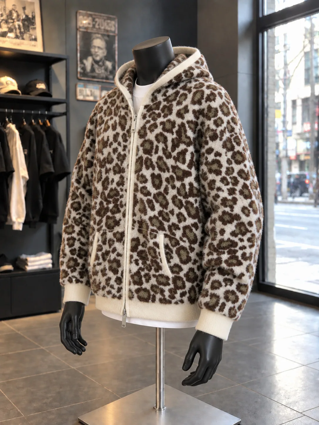 Men's Winter Faux Fur Leopard Print Knitted Open Cardigan Sweater Loose Fit Warm Streetwear Style Long Sleeve Hooded Jacket