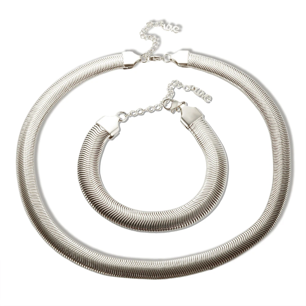Edelstahl-Halskette, minimalistische metallische Textur, Schlangenkette, 18 Karat vergoldet, flach, dick, Halsketten, Armband für Unisex-Schmuckset – Detail 11