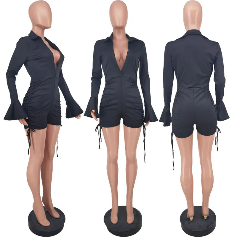 مثير الرباط مستقيم بذلة المرأة رومبير السراويل Playsuit مضيئة كم العميق الخامس الرقبة سليم ليلة نادي Bodycon ارتداءها