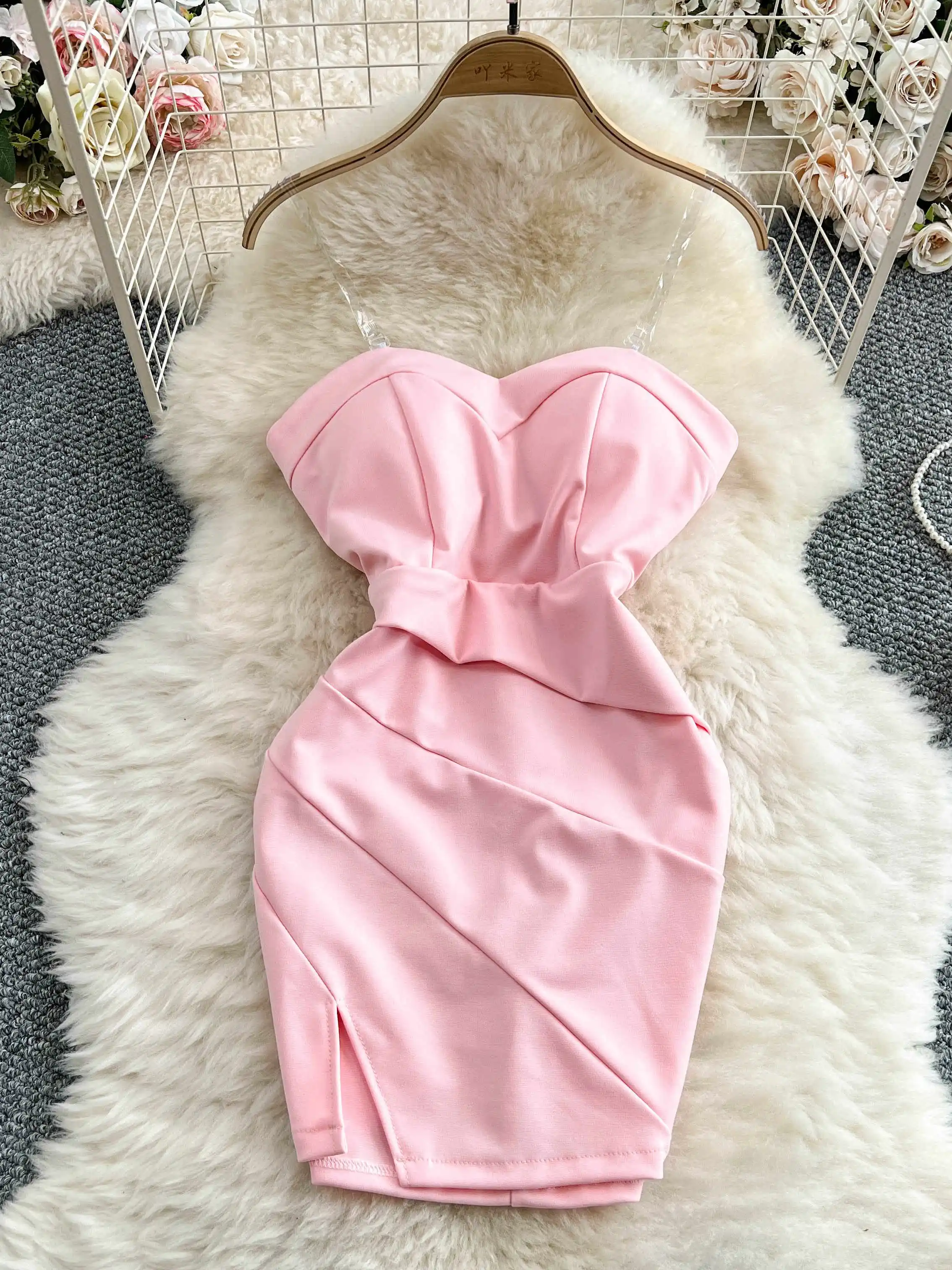 

Women Pink A-line Mini Evening Dress with Slit Vintage Bodycon Dresses Y2k Off Shoulder Sundress One Piece Frocks Clothes Summer