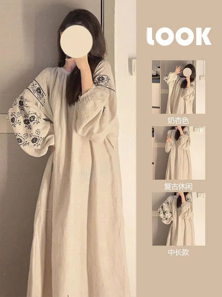 

Retro Chinese Style Spring Autumn New Long-sleeved Mid-length Nightgown Clothes for Sleep Women's Sexys Pajamas Cute Homewear