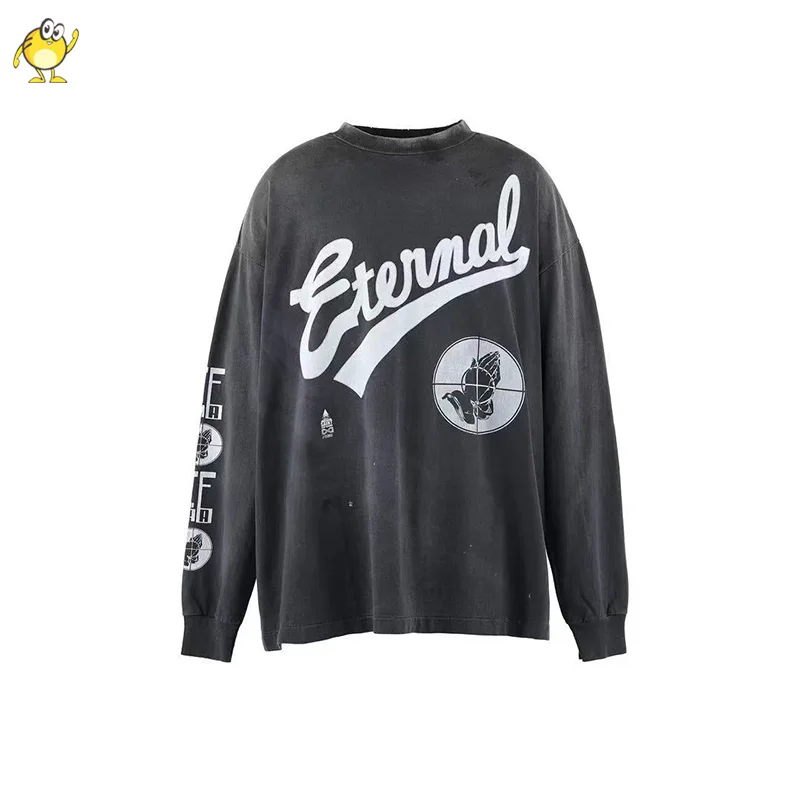 Nueva ropa de calle, camiseta de manga larga SAINT para hombre y mujer, camiseta lavada de moda antigua y dañada con cuello redondo, camiseta de gran tamaño para primavera y verano