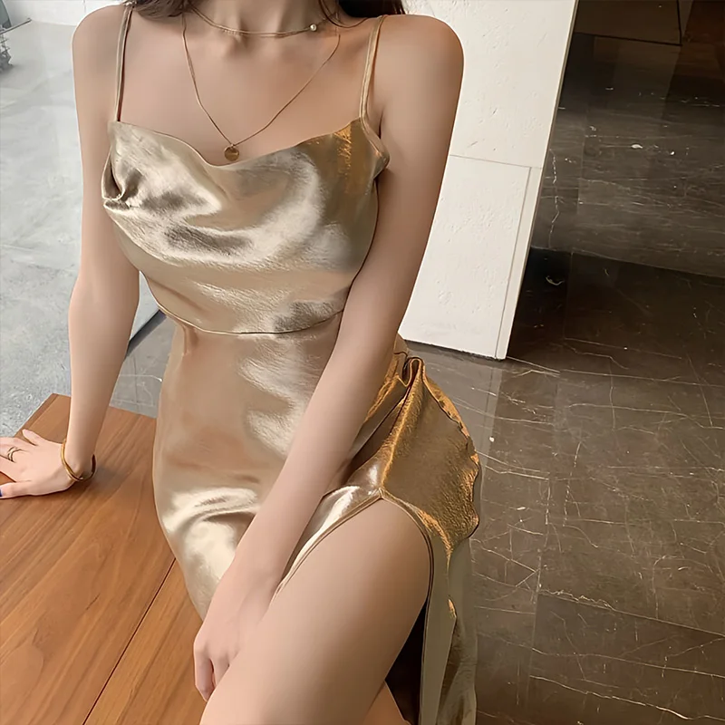 Summer Fashion Casual Sexy Pure Desire Style All-Match Slim Solid Color Satin Slit Mid-Length Design Sleeveless Suspender Dress