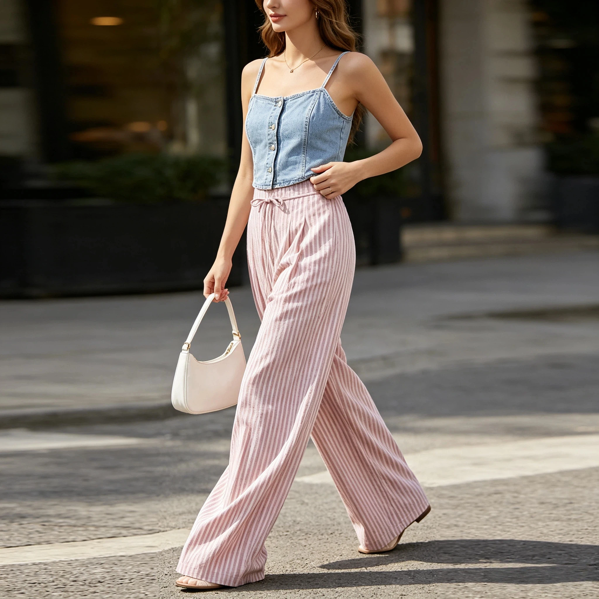 Casual Womens Striped Wide Leg Pants 2026 Summer Mid Waist Drawstring Lace Up Trousers Chic Style Pants for Women