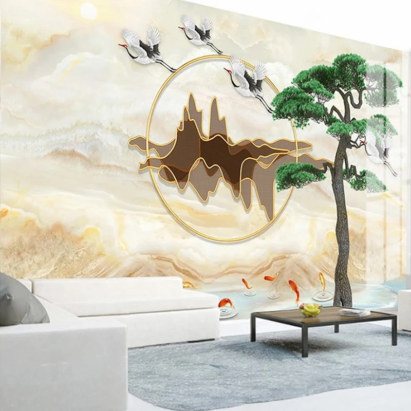 

Custom Large Size Mural Paper Chinese Style Landscape Marble Pine Tree Crane Pattern Background Photo Wallpaper for Wall Art 3D