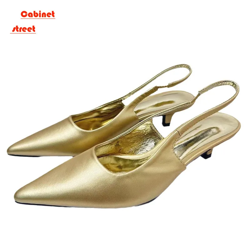 

Elegant Low Heeled Sandals Women Kitten High Heels Spring Summer Gold Pumps Pointed Toe Wedding Office Ladies Shoes Slingback