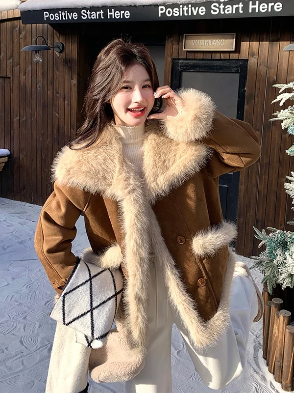 Lamb Fur Jaet Women's ort Sle Warmth Waterproof Rabbit Fur Top Thiened Autumn Winter New Arrival Commute Sle Loose Fit