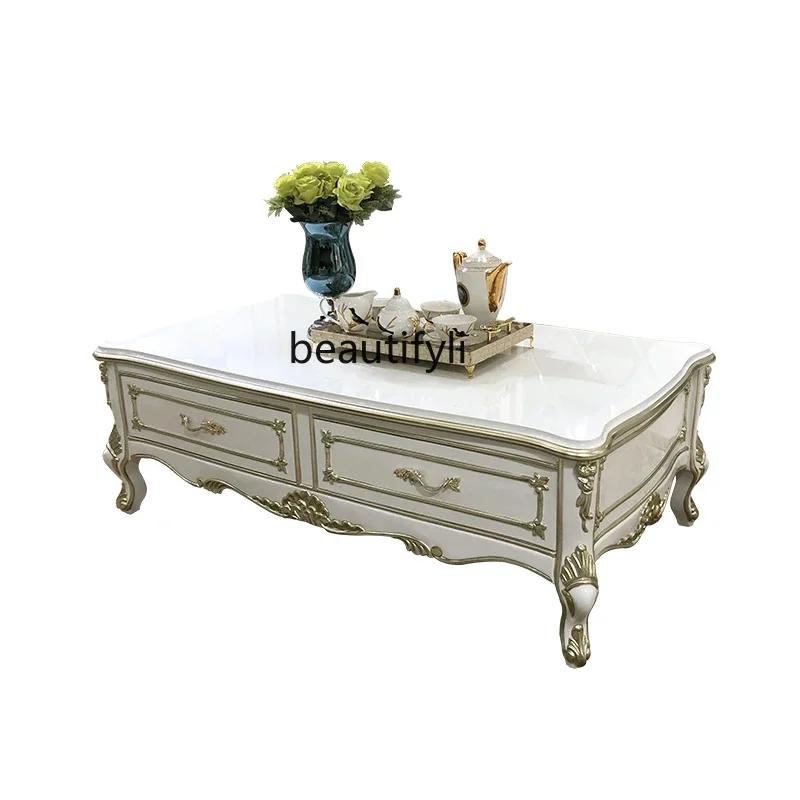 

ss25 French solid wood coffee table, European luxury carved rectangular tea table, living room storage table