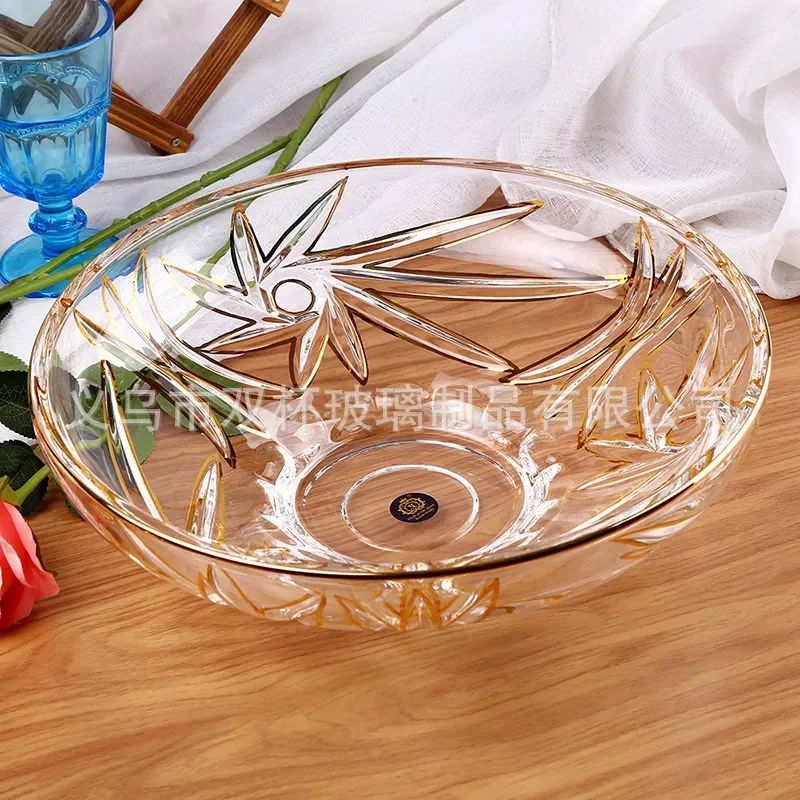 Hand Painted Gold Line Crystal Glass Fruit Plate Bohemian European Windmill Flower Design Transparent Light Luxury Home Decor