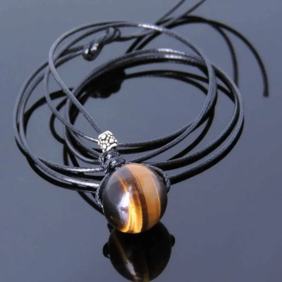 

Handmade Genuine Tiger's Eye Round Bead Pendant Necklace Black Cord Ethnic Jewelry Gift for Him