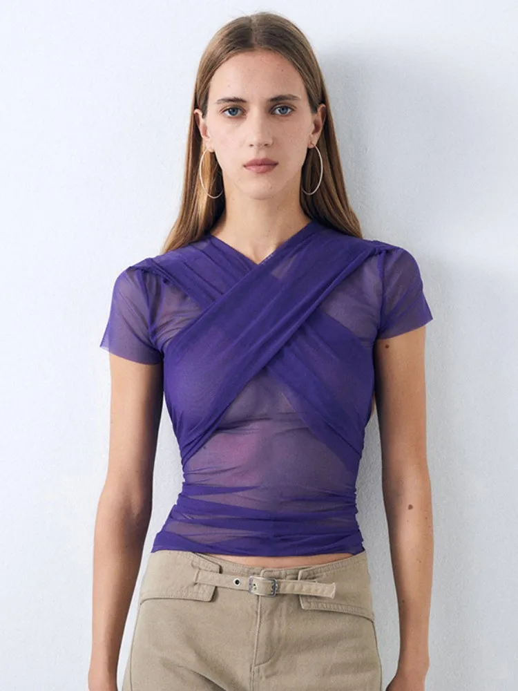 

Mesh Crop Top Women Aesthetic Clothes See Through Tshirts Crossover Strap Short Sleeve Purple Sexy Streetwear Ropa De Mujer