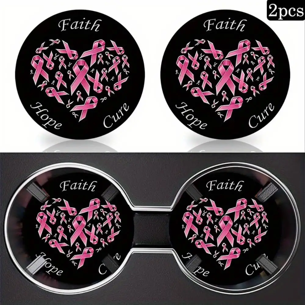 Sous-verres pour voiture EVA, 2 pièces, ruban rose, motif « Foi, Espoir, Guérison », article de charité et de collecte de fonds pour la sensibilisation au cancer du sein