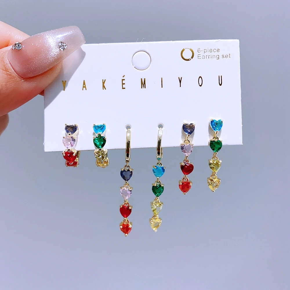 MIGGA 6pcs Multicolor Heart Dangle Earrings Set Gold Color Plated Cubic Zircon Women Party Jewelry