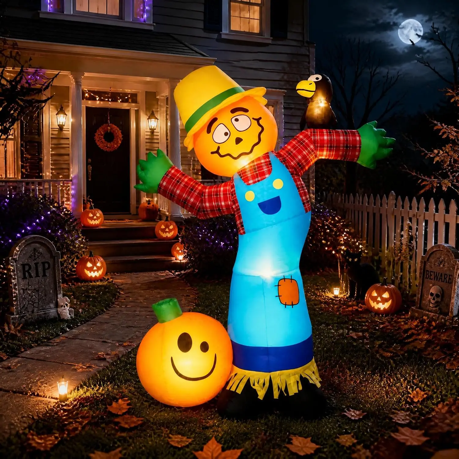 72.9inch Halloween & Thanksgiving Inflatable Pumpkin Scarecrow Outdoor Decoration with 7 LEDs Thanksgiving Lawn & Garden Blow-Up Decor