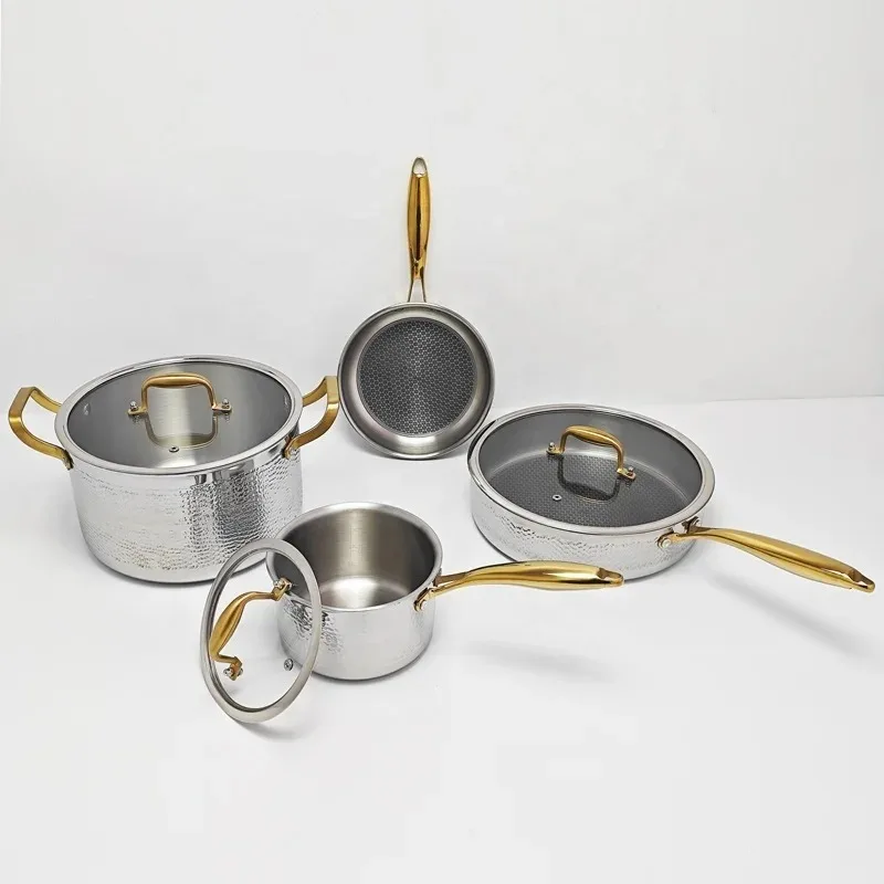 

High Quality Induction Non-stick Honeycomb Pan10Pcs Gold Stainless Steel Cookware Set 3 Ply Hammered Stainless Steel Pot and Pan