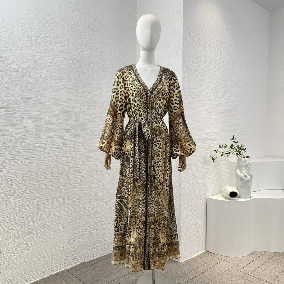 

2024 Vintage Midi Dress for Women Yellow Leopard Print Long Sleeve Diamonds Pressed V Neck High Quality