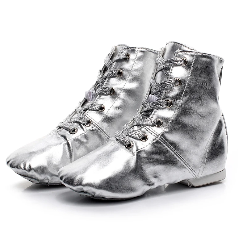 Gold Silver Jazz Shoes PU Modern Dance Stage Performances Boots Square Soft Sole Sneakers