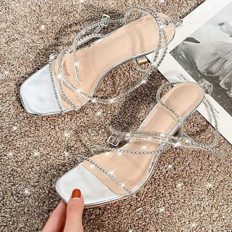 

2022 Fashion Rhinestones Gladiator Silver High Heels Ankle Strap Strappy Sandals Women Sexy Stiletto Party Bridal Shoes