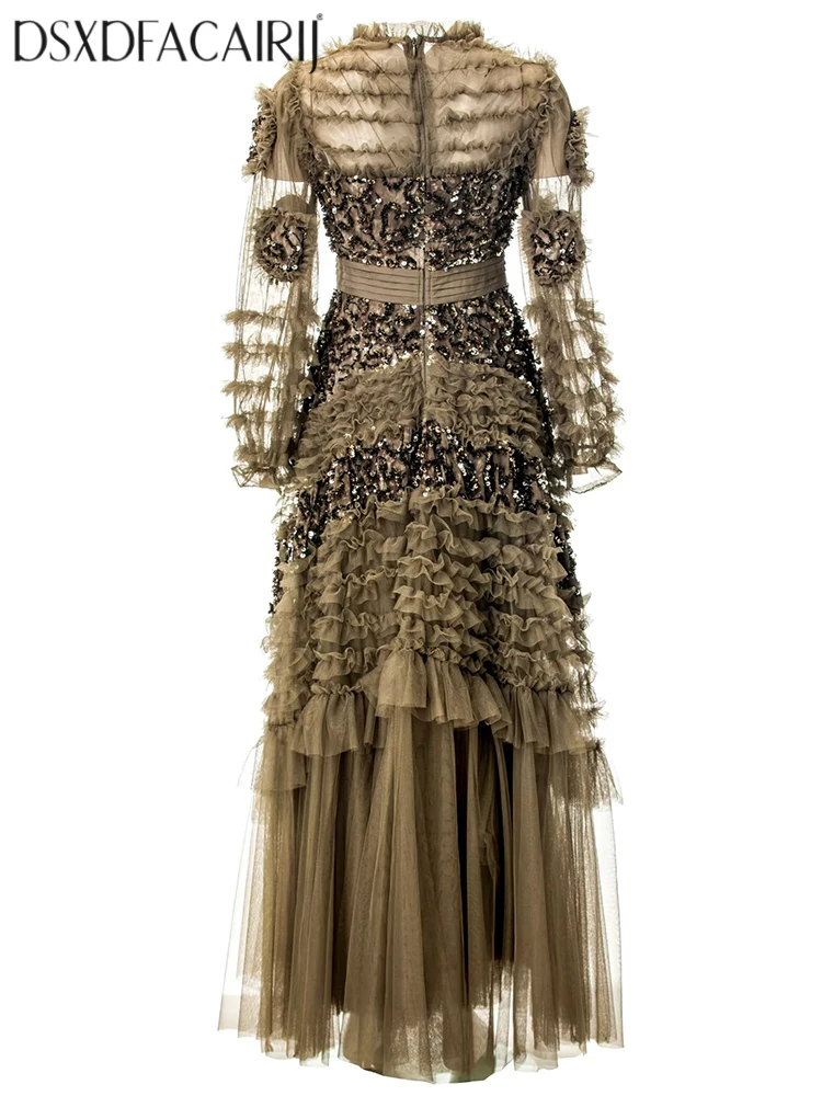 DSXDFACAIRIJ Women's Sequins Embroidery Patchwork Mesh Dress O-Neck Lantern Sleeve Ruffles Vintage Maxi Autumn Female