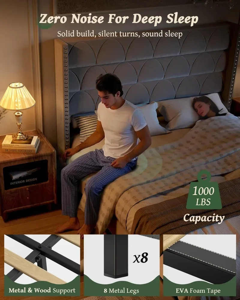 OHOHOLIVE King Size Bed Frame with 56" Headboard - Velvet Upholstered Wingback Platform Bed Frame,Noise Free,Sturdy Wooden Slat image 3