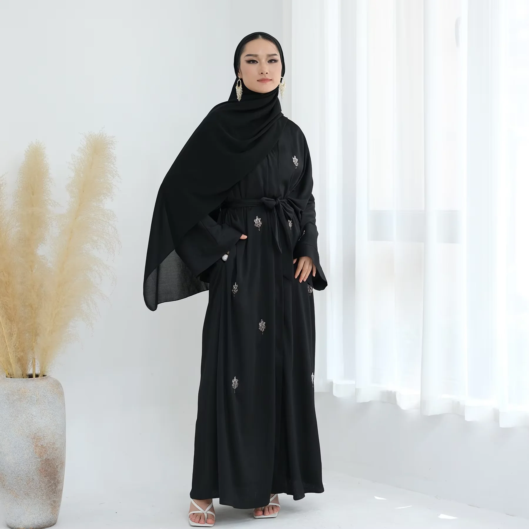 Ramadan Beading Kimono Open Abaya Dubai Kaftan Turkey Robe Kebaya Muslim Women Long Dress Eid Islam Jalabiya Caftan Femme Gown