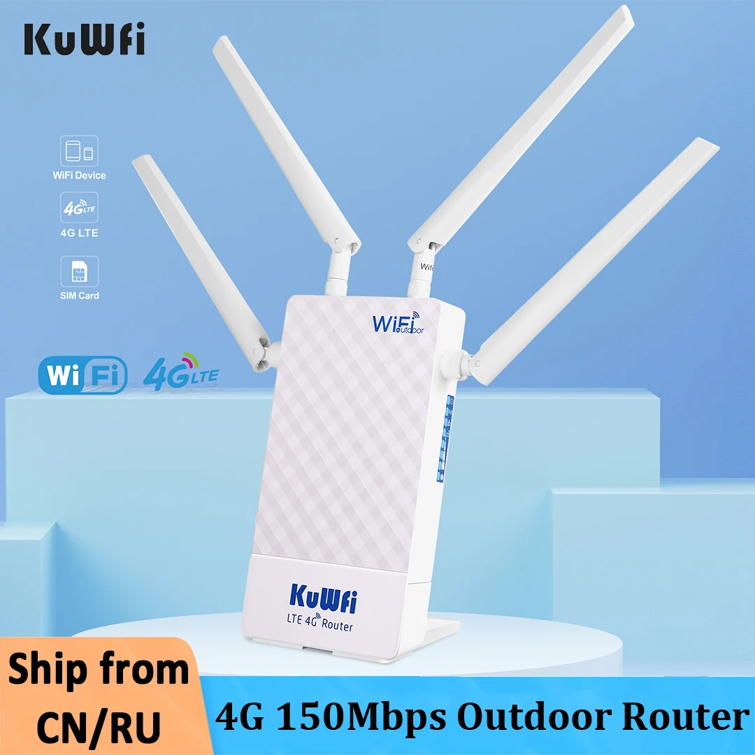 KuWFi 4G LTE Outdoor Wifi Router 150Mbps SIM Card Network Hotspot with Antenna Supports up to 10 Users WAN/LAN Port Waterproof