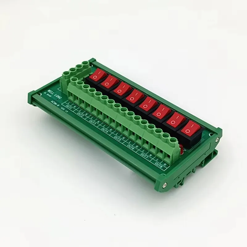 DIN Rail Mount Rocker 8 Channel Switch AC 125V 250V Power Distribution Strip Module  Supports Multiple Connections