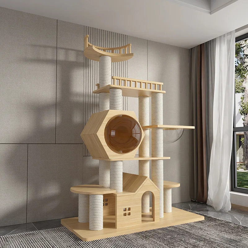

Cat climbing frame manufacturer integrated solid wood board wear-resistant non-chip toy space capsule a generation
