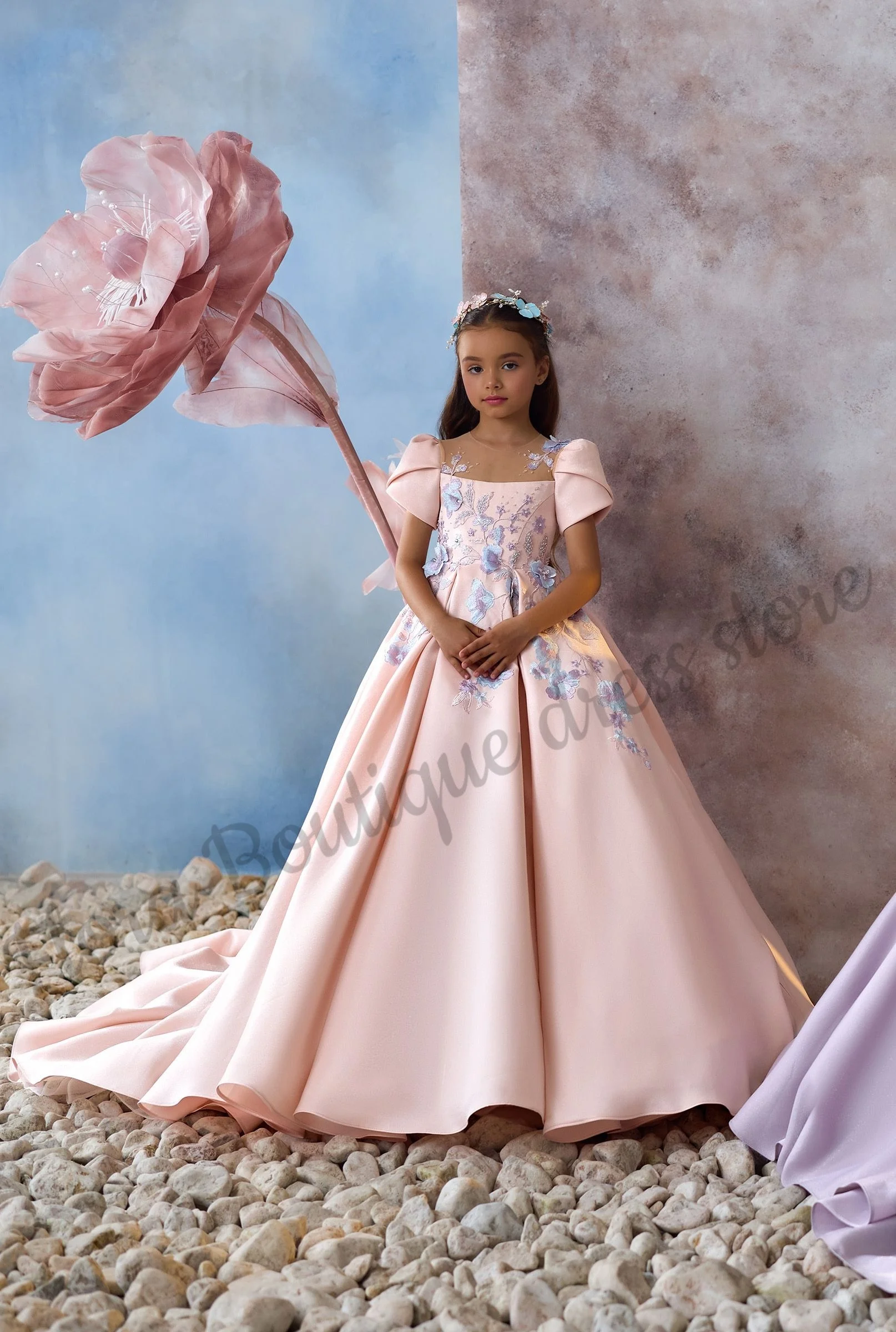 Плиссированное трапециевидное платье принцессы с кружевной аппликацией, великолепное платье с цветочным узором для девочек, платья в пол, платья для девочек на день рождения, первое причастие