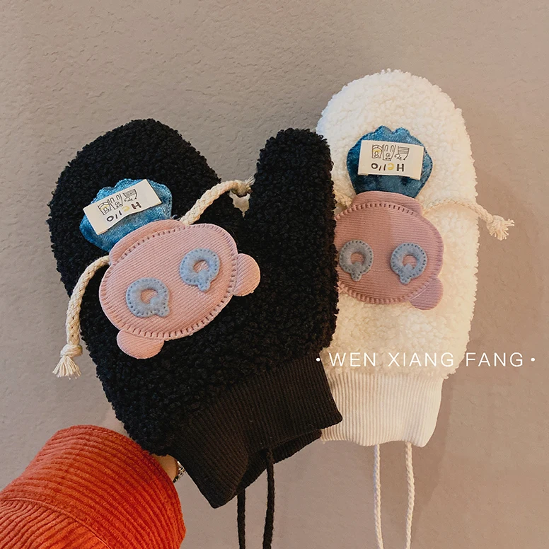 Warm gloves winter female cute plus velvet cartoon warm and thick cycling riding winter hanging neck