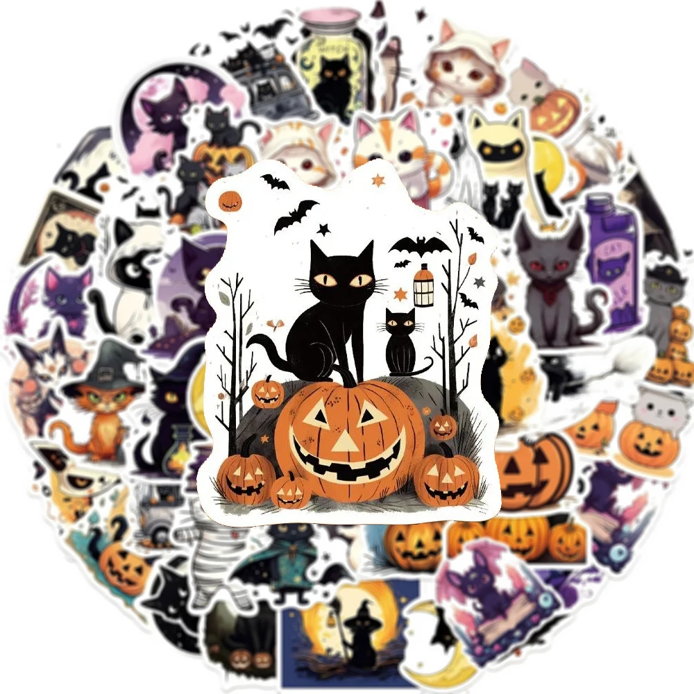 

10/30/50pcs Cute Halloween Black Cat Pumpkin Cartoon Stickers DIY Scrapbook Guitar Luggage PVC Cool Waterproof Sticker Toy Gift