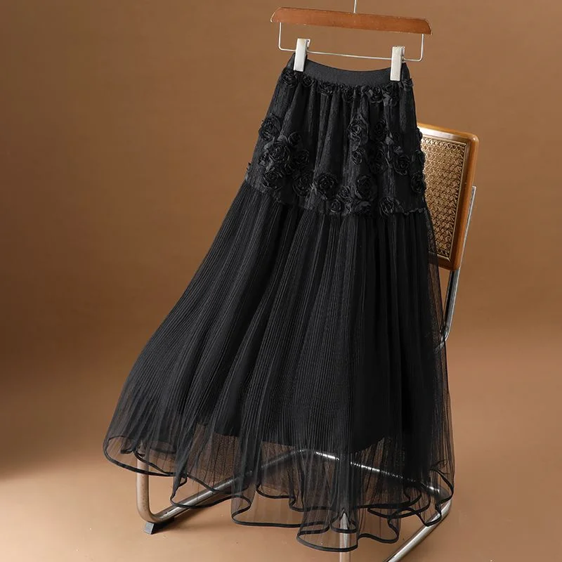 

2026 New Spring Summer Women High Waist Slim Long Skirt High Quality Sweet 3D Flowers Mesh Tulle Skirt Streetwear
