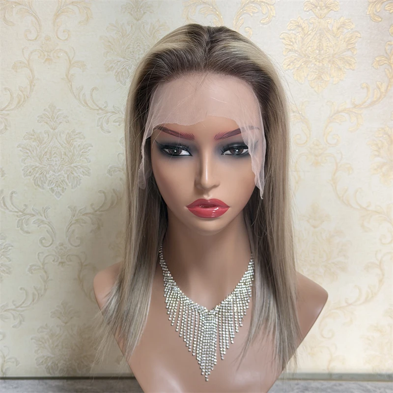 

Ash Blonde Short Bob Bone Straight Wig Highlight 13x4 Transparent Lace Front Glueless Wig Human Hair Preplucked Ready To Wear
