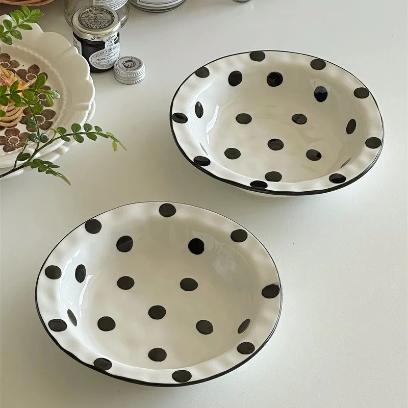 Classic Black Polka Dot Irregular Handmade Style Ceramic Deep Dish Pasta Italian Dinner Plate French Style Universal Bowl