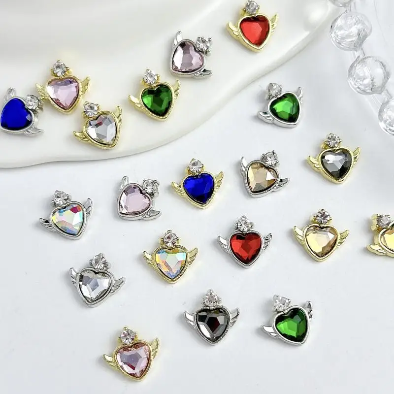 10PCS Light Luxury Alloy Heart Angel Rhinestones Nail Charms Sparkling Glass Flatback Diamond Nail Art Decoration DIY Nails