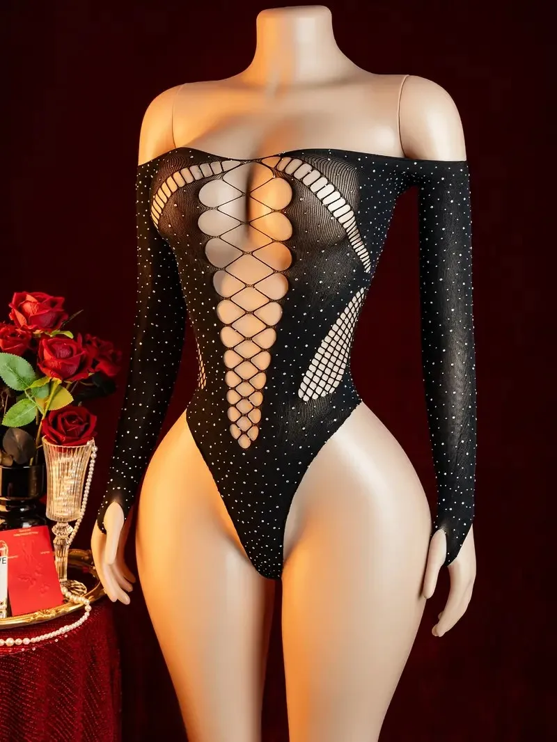 2026 Latest One Piece Off Shoulder Sexy Lace Mesh Transparent Jumpsuit Women's High Waist Elastic Long Sleeve Underwear Set image 4