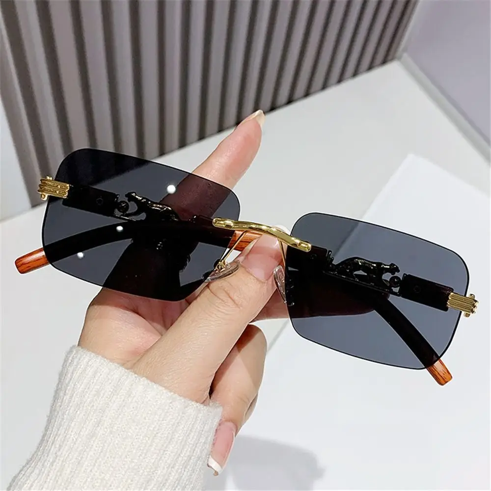 Trendy Rimless Cut Edge Sunglasses Unique Cheetah Design Cool Metal Temples Rectangle Sun Glasses Retro Shades Traveling Eyewear