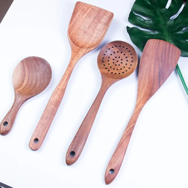 Natural Teak Wooden Cooking Utensils Spatula Non-stick Kitchenware Large Soup Spoon Rice Colander Skimmer Cooking Spoons