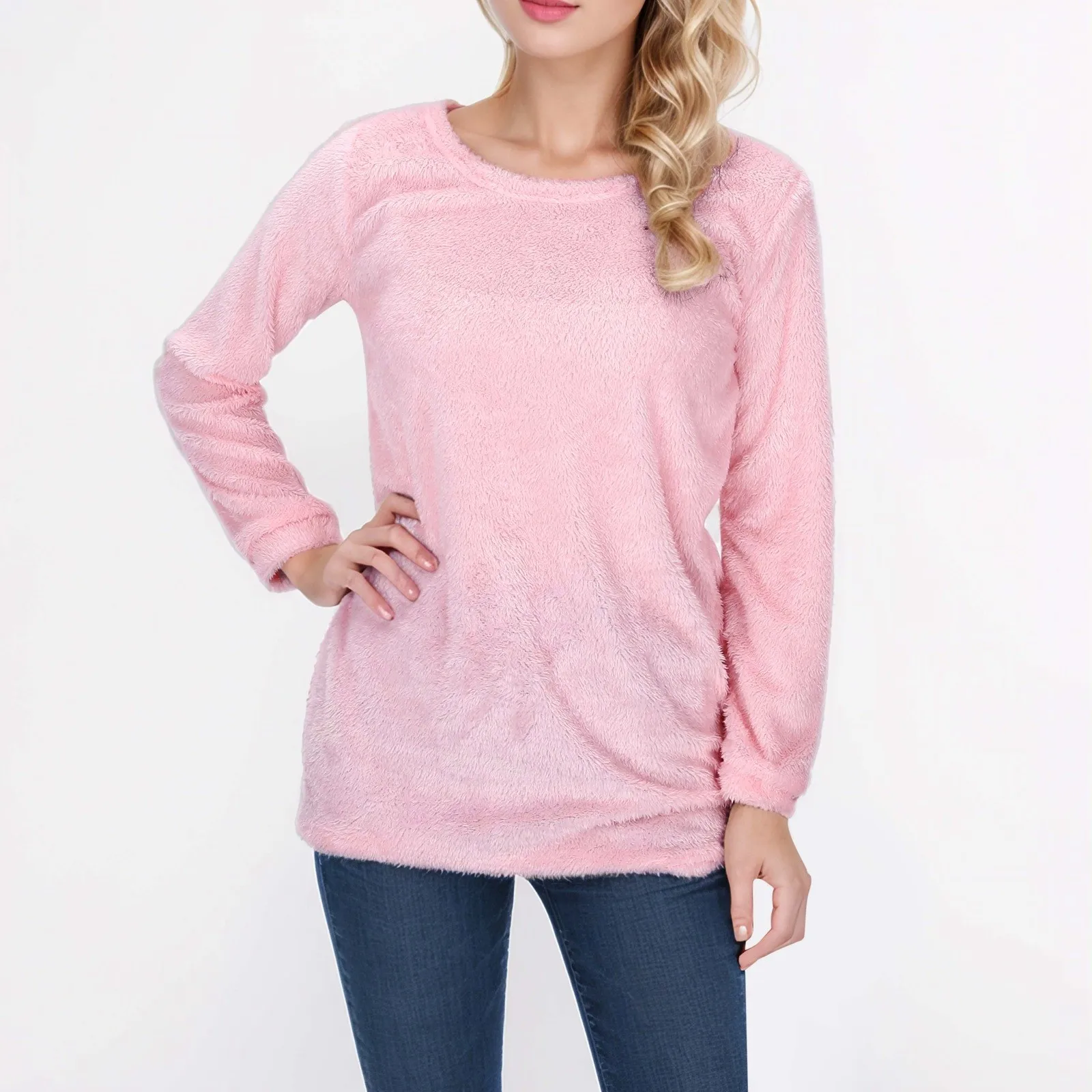 Women's Autumn And Winter Fashionable Solid Color Round Neck Comfortable Long Sleeved Crewneck Slim Warm Sweater Casual Pullover