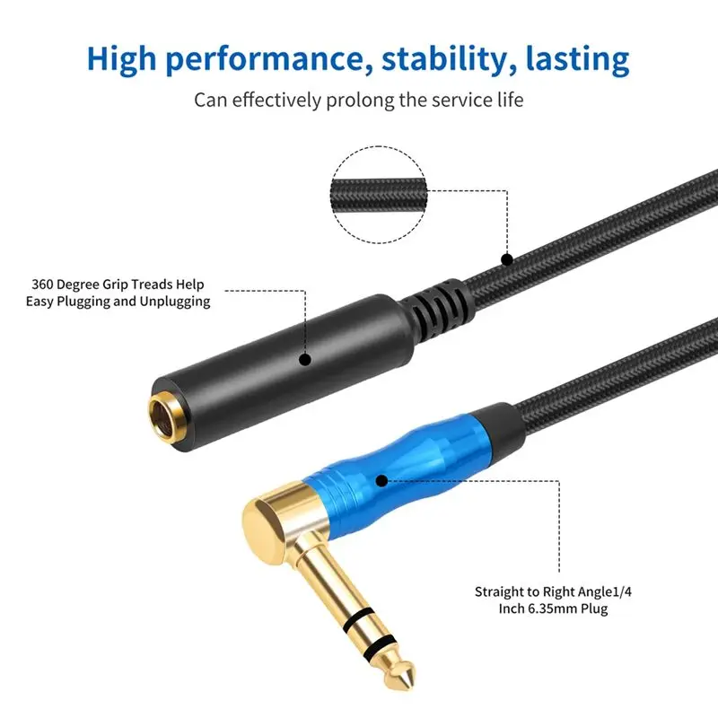 B76B Right Angle 6.35mm TRS Stereo Male to Female Audio Cable Guitar Extension Cord 100cm for Amplifier