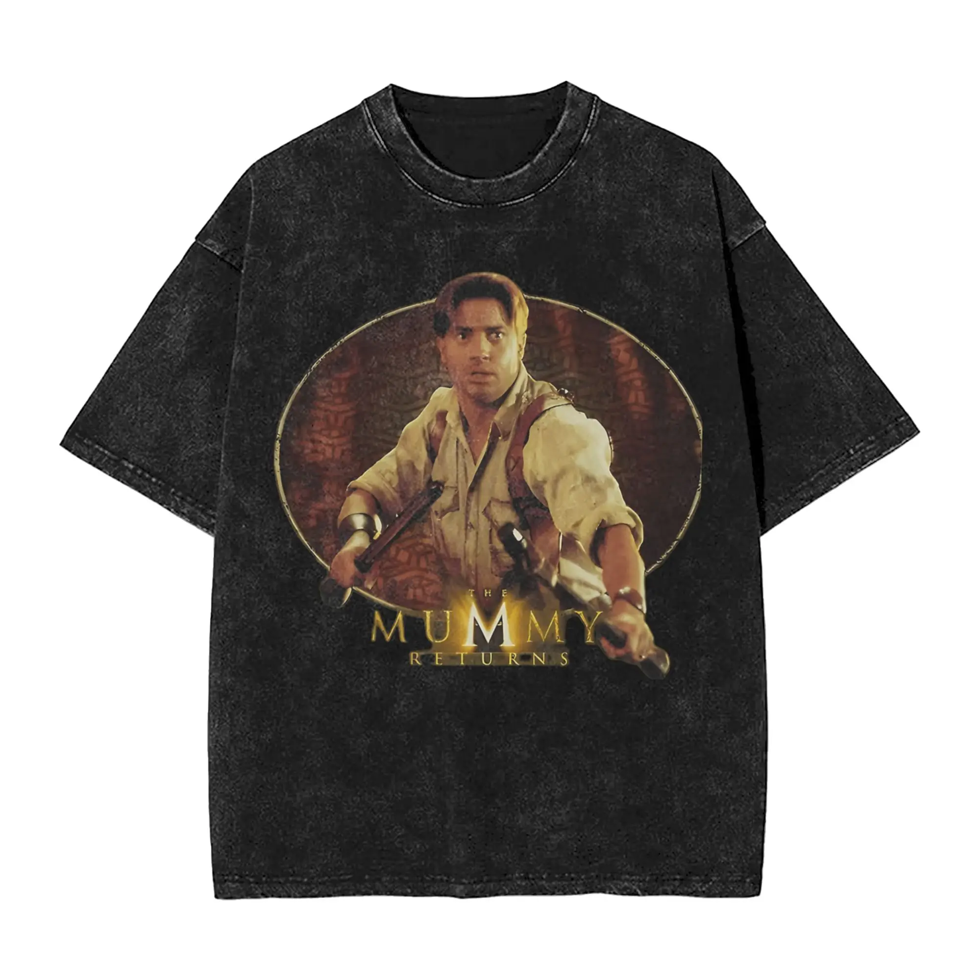 Print Action Funny The Mummy Movie Vintage  Horror Washed T Shirt Men's 100%Cotton Short Sleeve  Round Neck Summer Tops